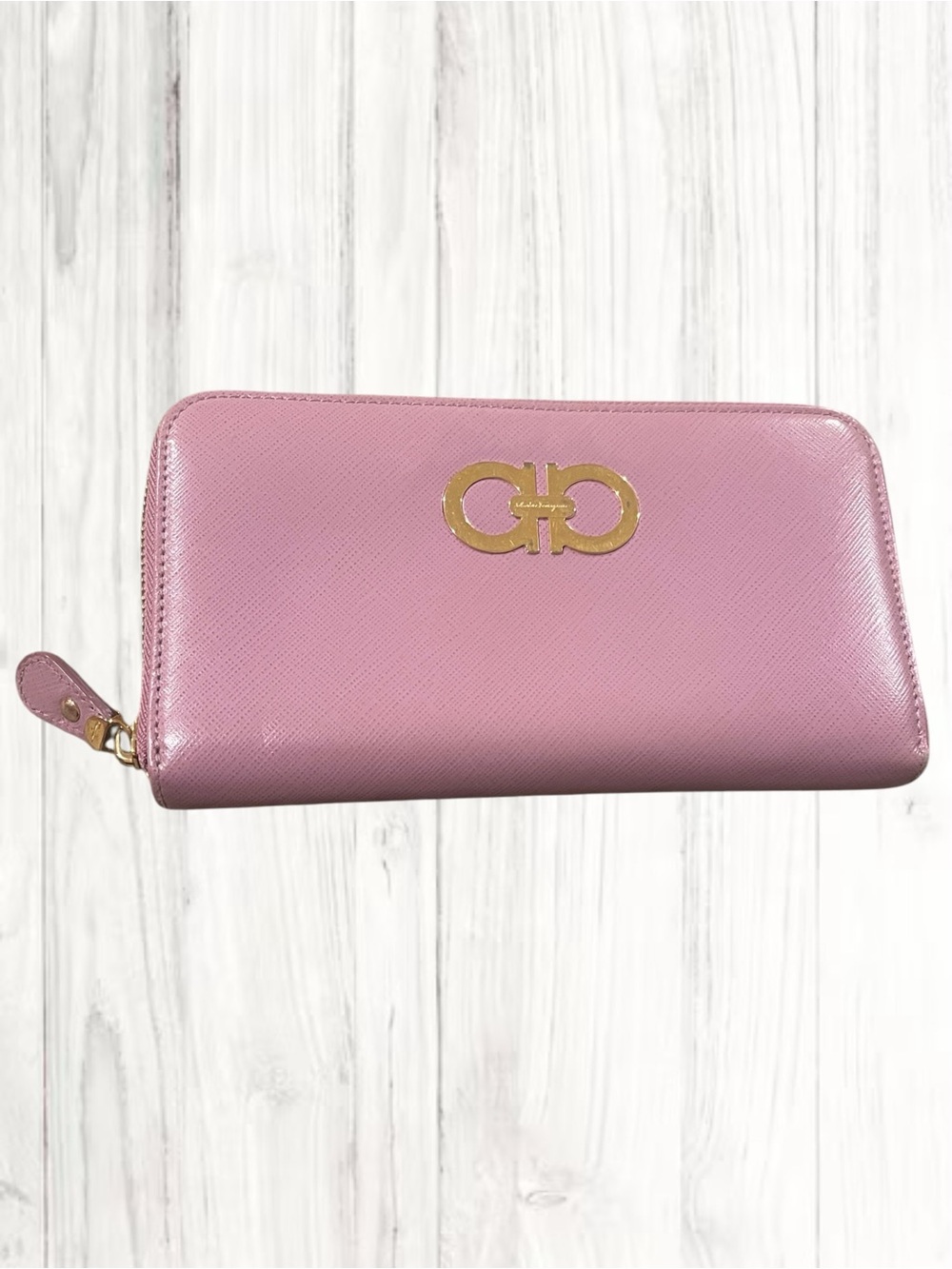 Salvatore Ferragamo Pink Zip-Around Leather Continental Wallet with Gold Gancini